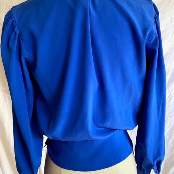 Vintage Royal Blue Pleated Blouse Gold Buttons - Picture 8 of 10